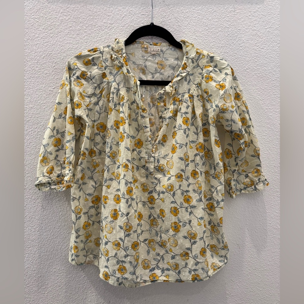 Lali Size XS Cotton Blouse, sheer Sunflower Pattern with White Flocks